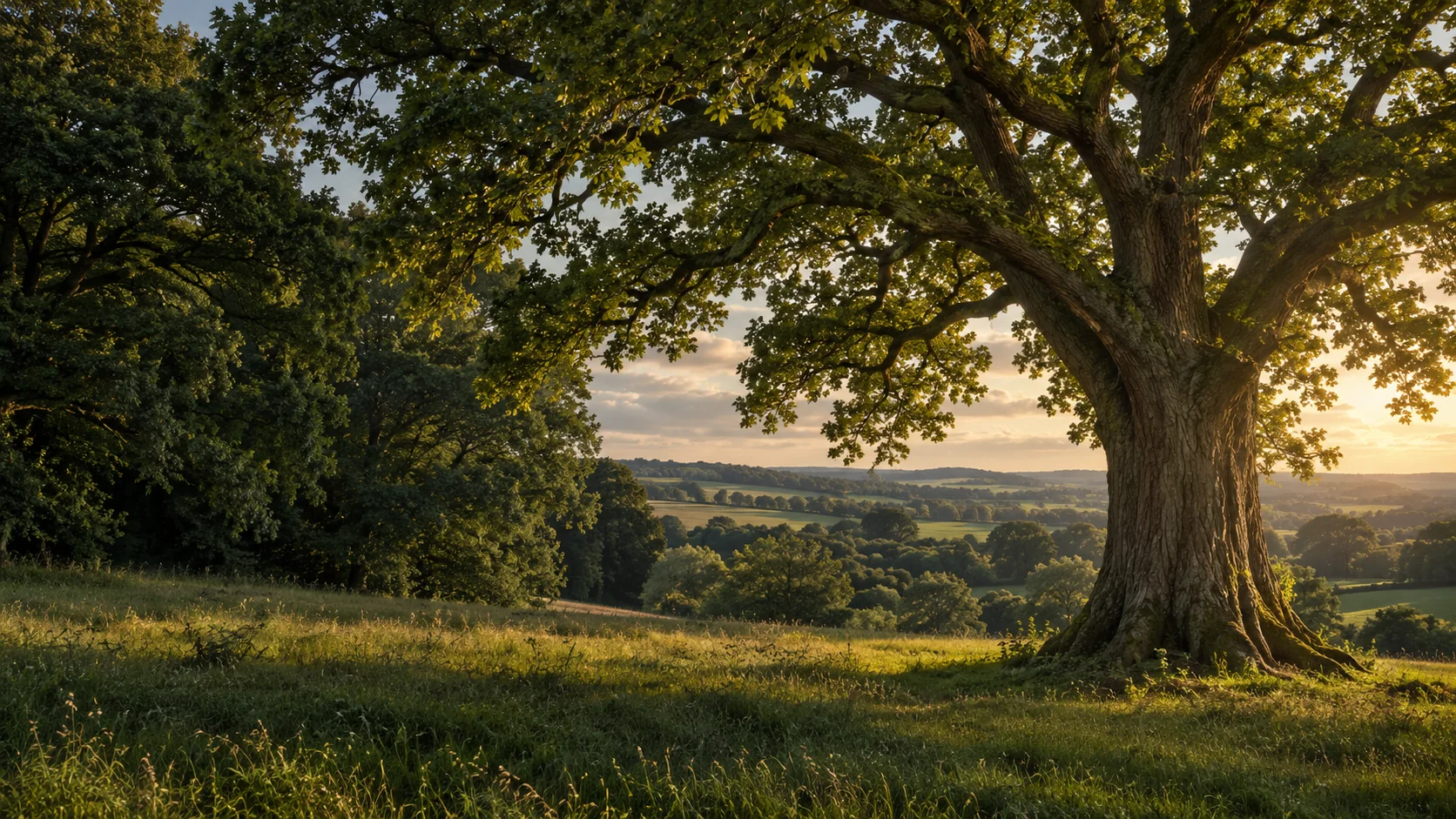 A mature oak tree in the English countryside in warm evening light